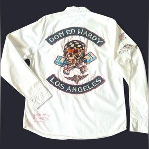 RARE Ed Hardy Christian Audigier White Skull Shirt LOS ANGELES Men’s L Y2K Biker